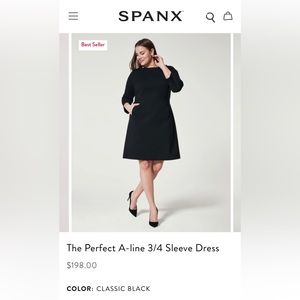 SPANX, Perfect A-Line 3/4 Sleeve Dress, Size L, Black